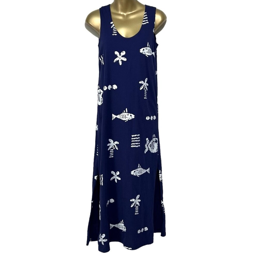 Hilo Hattie Hawaiian Sleeveless Fish Palm Trees Resort Ocean Long Maxi Dress  XS